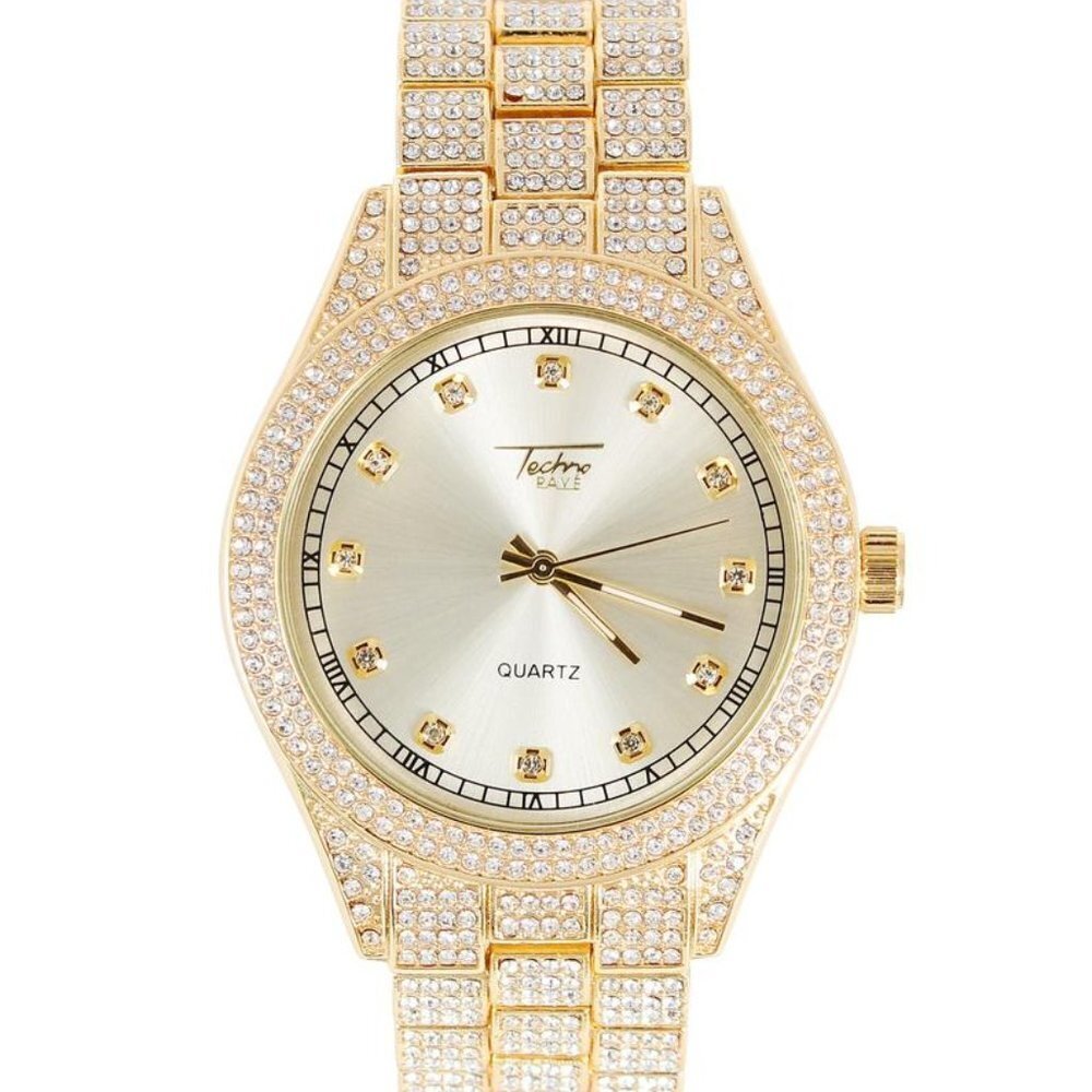 Men’s Iced-Out Gold Watch – 42mm Simulated Diamond Bezel & Bracelet,